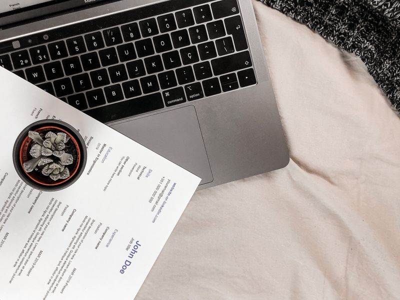 Resume on top of laptop, potted plant on top of resume