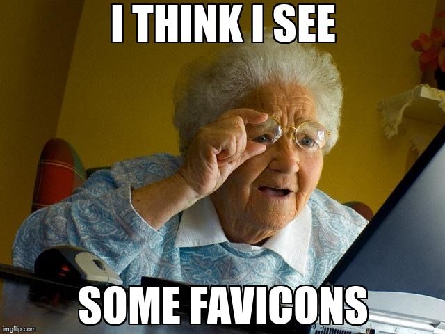 An old lady looking closely at computer. She says, 'I think I see some favicons.'