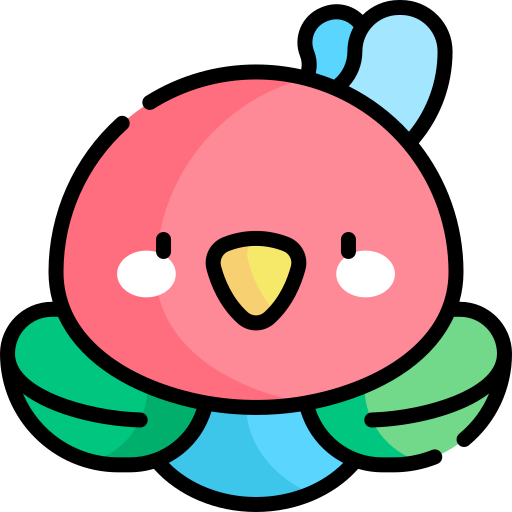 An icon of a colorful bird facing you