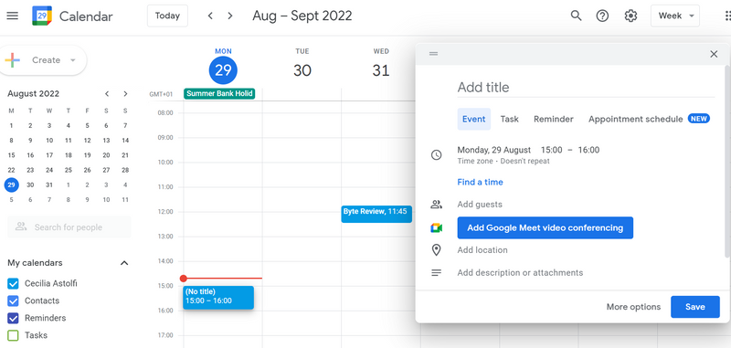 snapshot from the Google Calendare software