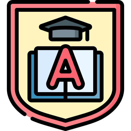 coat of arms icon with a graduation cap and a textbook with an 
