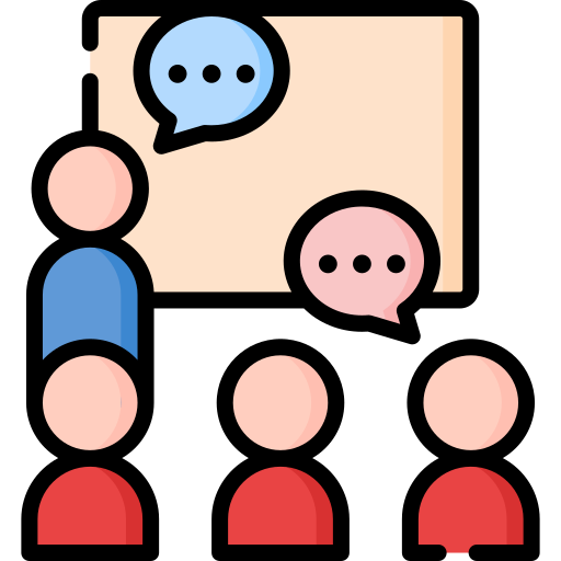 Icon of a training scenario with an instructor standing in front of 3 seated people, symbolising conflict resolution training