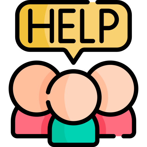 Flaticon Icon of 3 people with 'help' written in a speech bubble above.