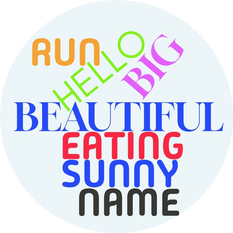 A word cloud featuring simple, everyday vocabulary (run, hello, beautiful, big, etc).