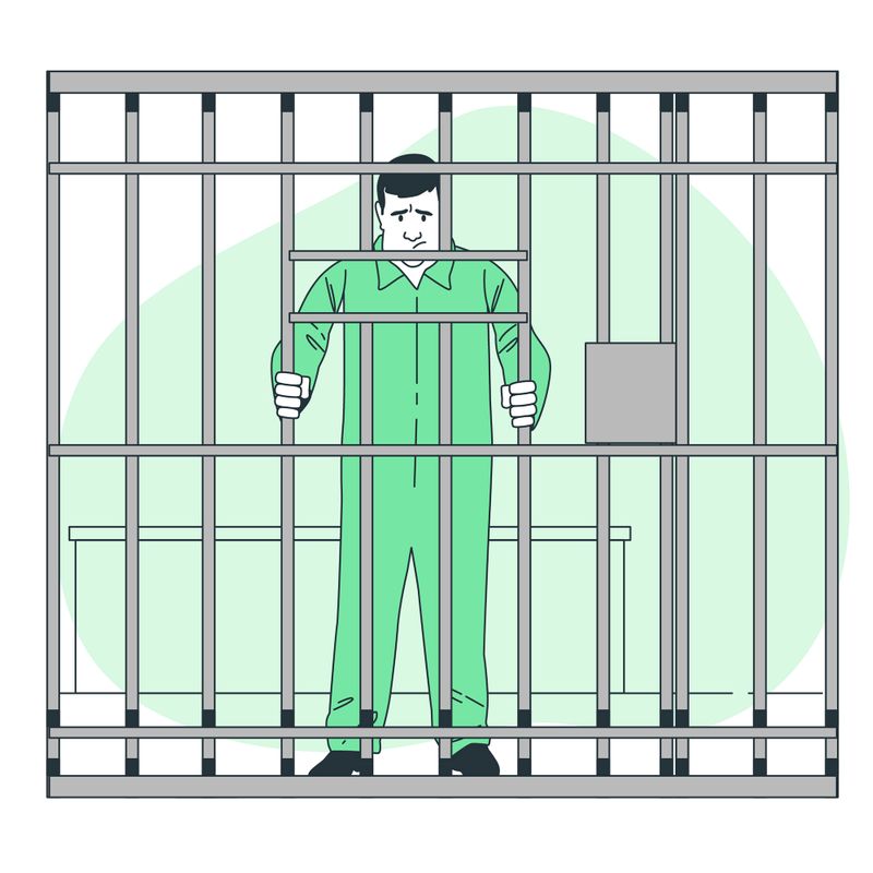 An illustration of a man behind bars in a jail cell.