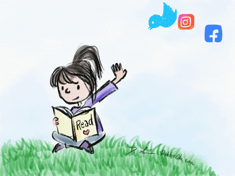 Animated cartoon GIF of a girl reading a book and holding one hand up to keep flying social media app icons away.