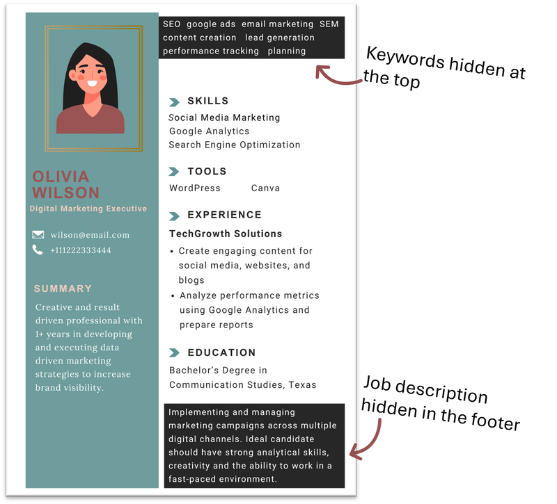 A sample resume for a Digital Marketing Executive shows hidden keywords and job description to demonstrate white-fonting.