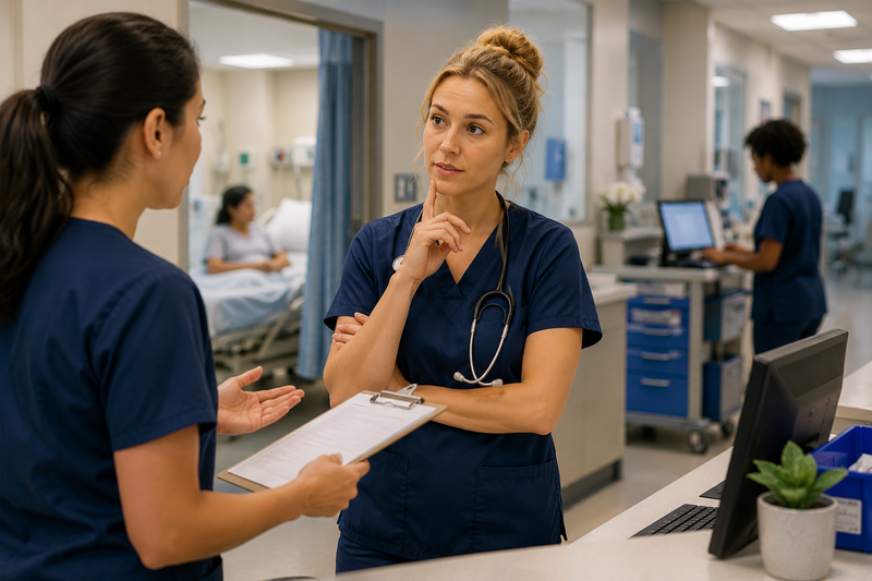 A healthcare worker pauses thoughtfully before responding to a coworker’s request.