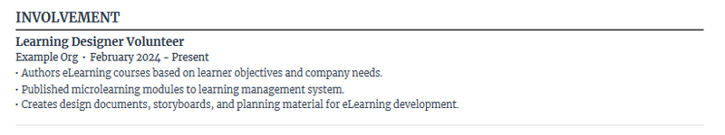 Image of example an additional section, Involvement, in a reverse chronological resume. 