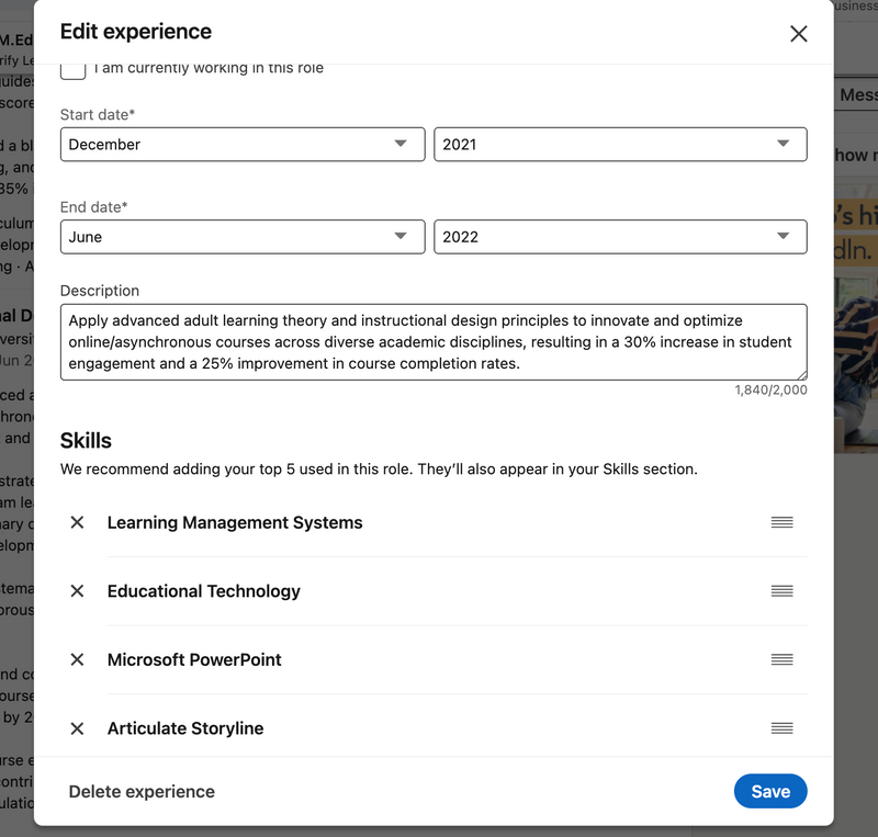 Screenshot of the edit experience section page on a personal LinkedIn page (audio description below).