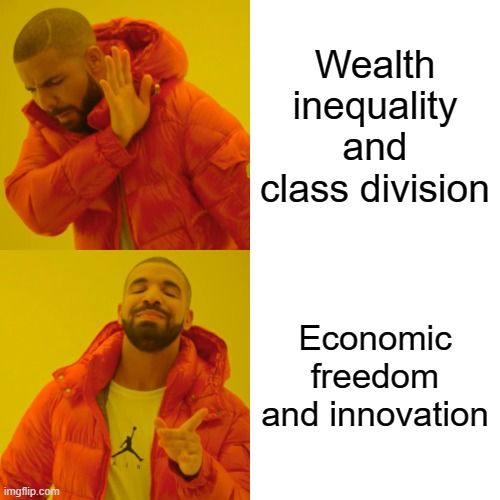 Drake looks disgusted at wealth inequality and class division. He looks happy at economic freedom and innovation. 