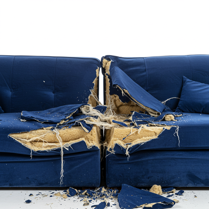 A blue couch that has been torn apart.