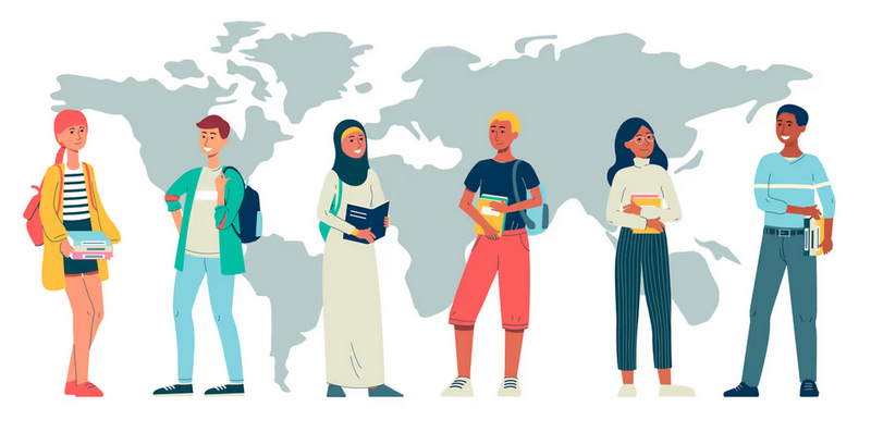 Six students of different nationalities against the background of a gray map of the world.