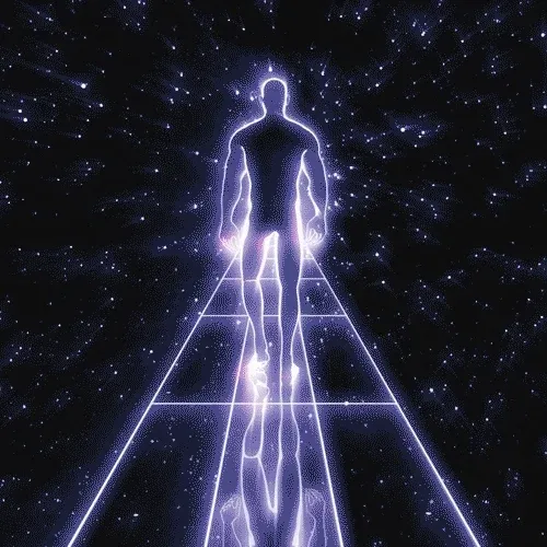 A man in outer space walking on a path. 