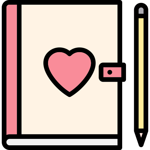 A journal notebook with a heart in the centre and a pencil on the right