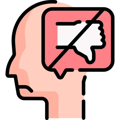 A head icon with a thumbs down inside a red speech bubble. 