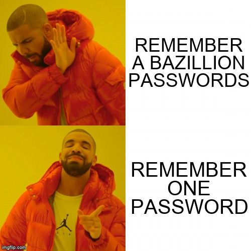 Drake meme promoting the use of password managers over having to remember many passwords.