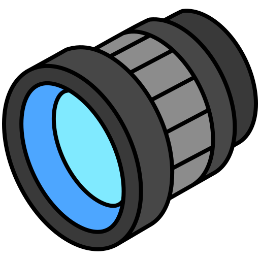 Black and grey camera lens with a blue lens pointing to the left