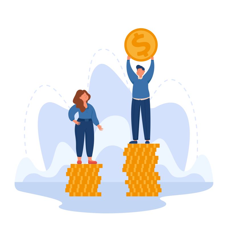 Man and woman standing on different stacks of gold coins depicting salary gap between male and female employee