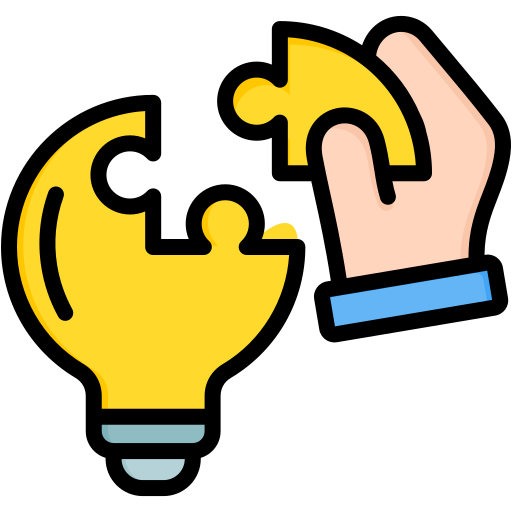 Icon of a hand putting a puzzle piece to create a light bulb. 