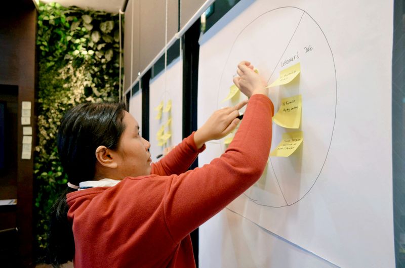 A woman putting post it notes on a whiteboard.