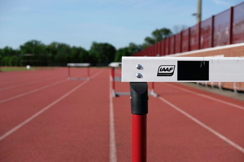 A running track with hurdles.