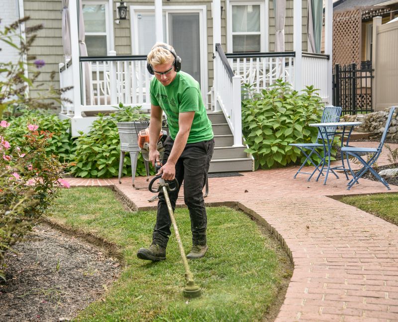 Person using a weed eater to trim a lawn