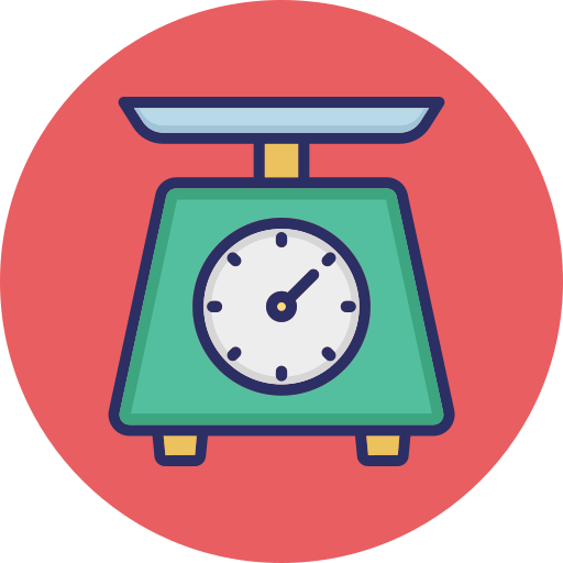 A red bubble containing a green cartoon scale. 