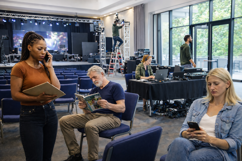Three people working to set up an event venue while three people are idle.