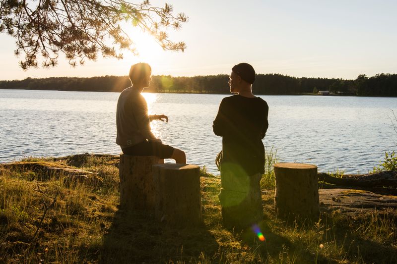 Two friends in discussion while sitting on tree stumps by a lake. 