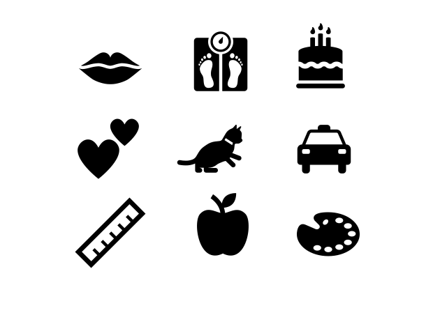 A series of icons depicting a person's biographical information