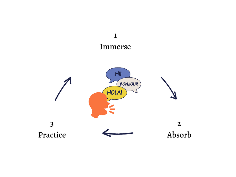 A three step circular process starting with immerse, absorb, and practice with a face icon speaking Hi, Hola, and Bonjour.
