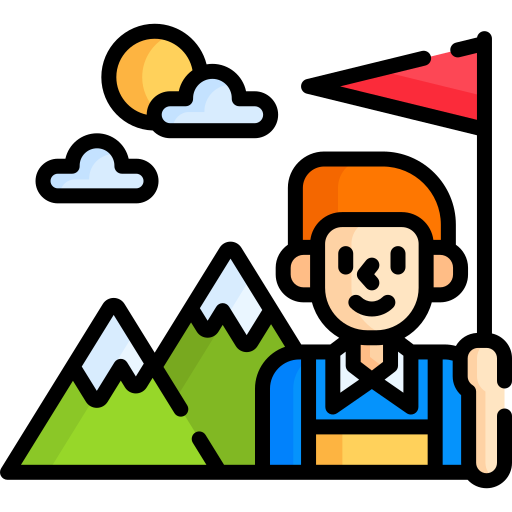 Icon of person smiling and holding small flag in front of mountains