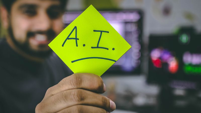 A picture of a man holding a post it note that says, 'A.I.'