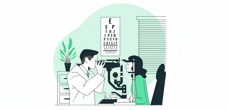 An eye doctor is performing an eye test in an office with special equipment. The woman-presenting patient looks in glass.