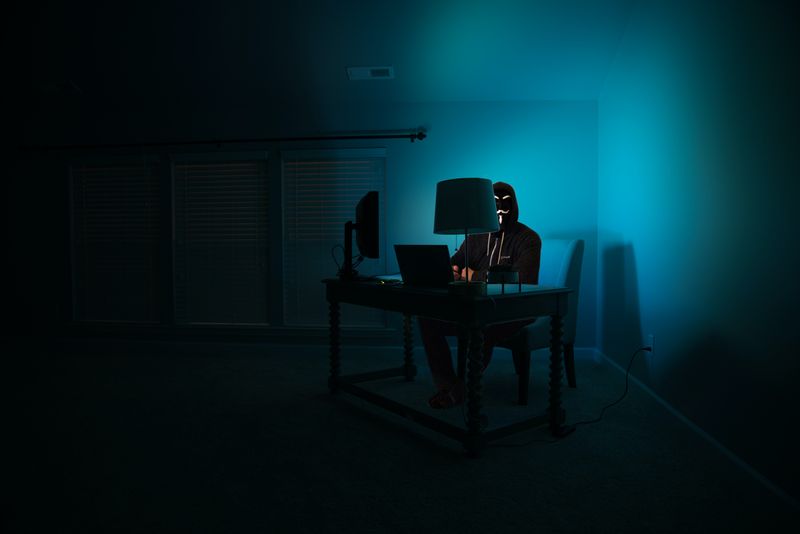 Person in black and white mask and a black hoodie sits in the dark with a blue light and a laptop, implying they are a hacker