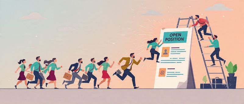 Job seekers run and try to climb a ladder to reach an "Open Position" sign.