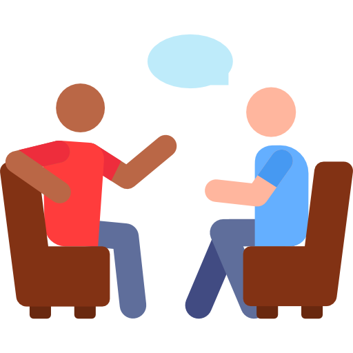 Icon image of two people sitting down in chairs having a conversation