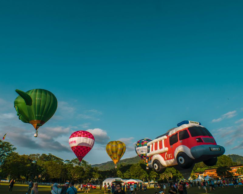 Hot air balloons taking off in a field.