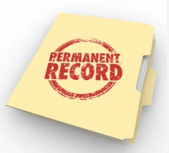 A manila folder with 'Permanent Record' circled and stamped in red ink.