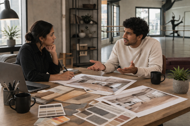 An architect listening to her confused client sharing ideas. Plans and material samples lying on the table.