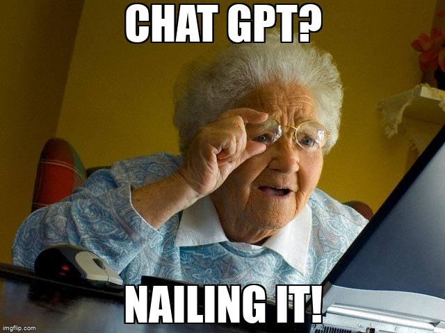 An old woman looking at a computer. She says, 'Chat GPT? Nailing it!'