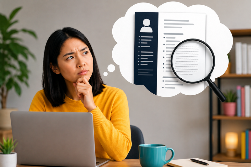 A woman at a desk with her laptop, thinking about a resume with hidden white-font text revealed under a magnifying glass.