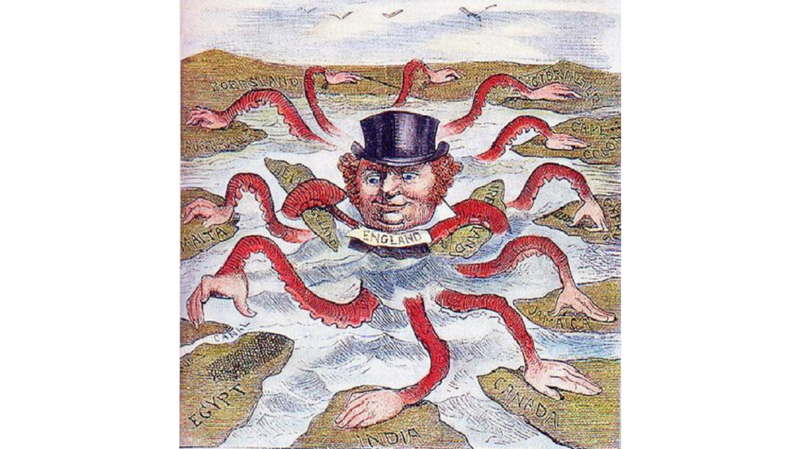 A political cartoon depicting England as an octopus in an ocean. Each of its tentacles touches part of the British Empire.