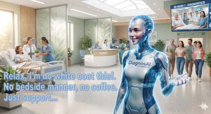 A personified AI in a hospital says, “Relax, I'm no white coat thief. No bedside manner, no coffee. Just support."