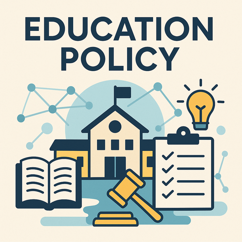 An infographic describing education policy as a connection between schools, governments, and research.