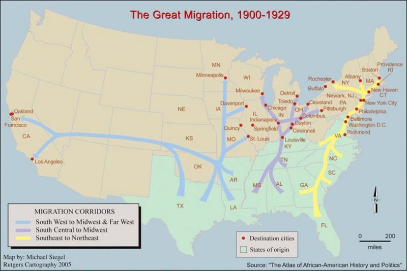 An image of The Great Migration Map, showing where black Americans moved to from the South.
