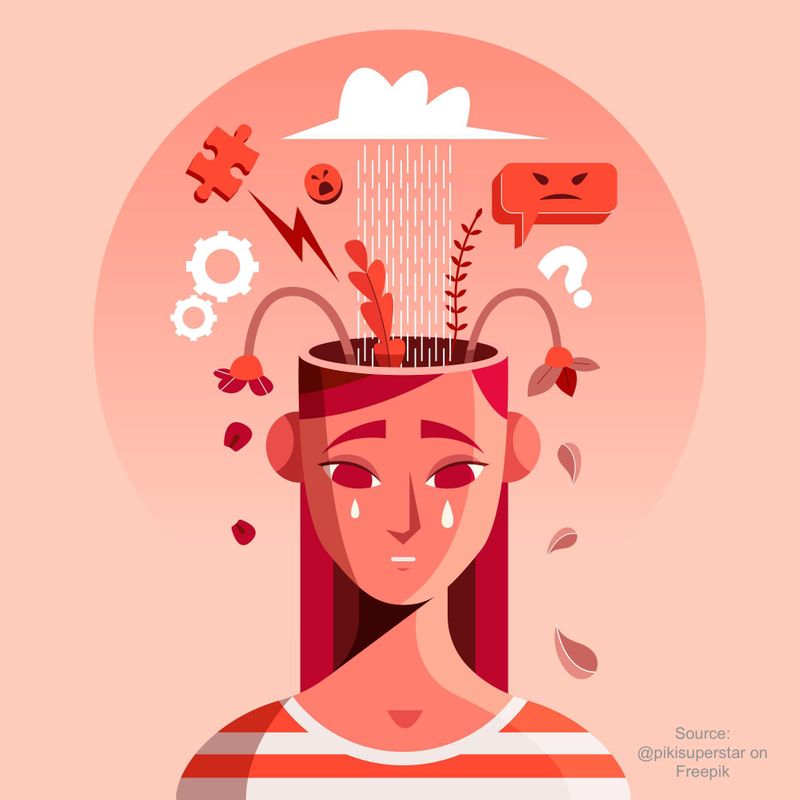 Cartoon image of a sad female with icons depicting mental health problems.
