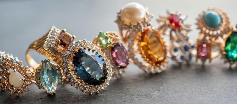 Many gemstone rings in different shapes, sizes, and colors. 