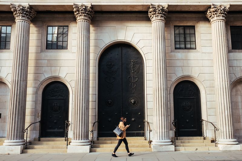 The exterior of an old bank building